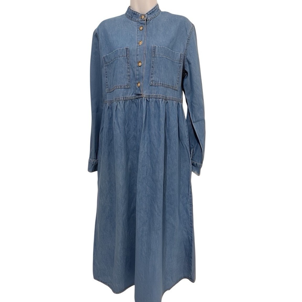 Studio Ease Denim Midi Dress 12‎ Button Cottagecore Minimalist Pockets Relaxed